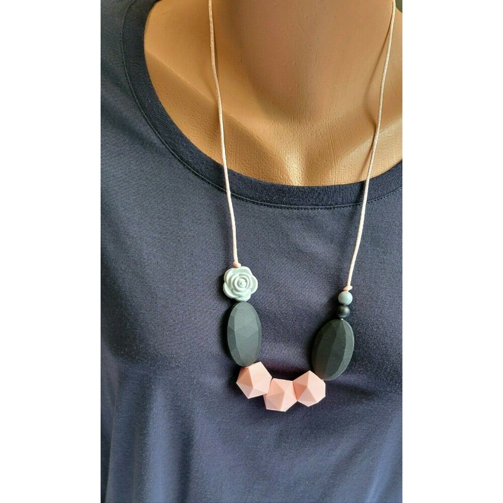 Pink And Black Silicone Beaded Nursing Necklace/Fidget Necklace